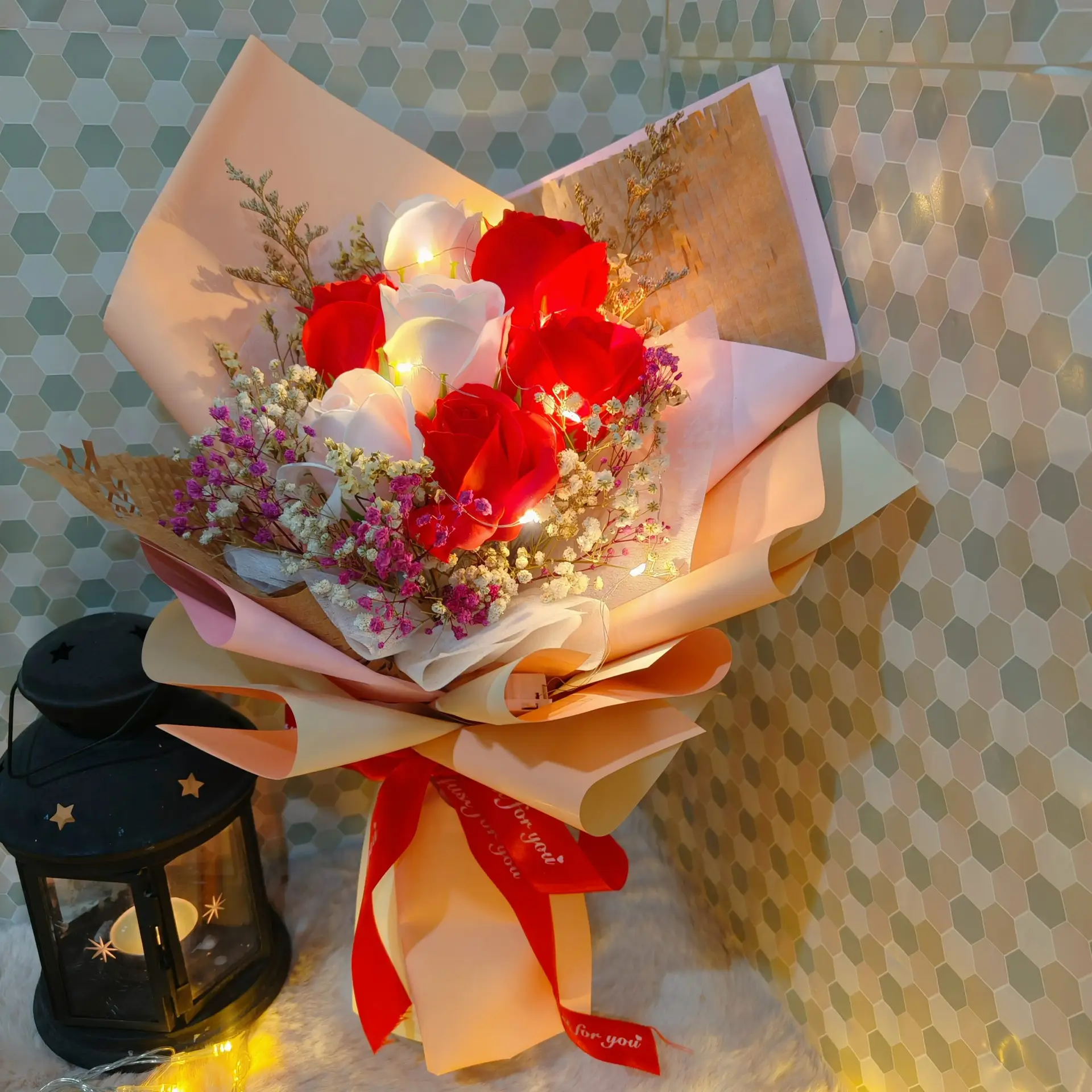 Romantic red and white soap rose bouquet with LED lights, handcrafted gift for birthdays or anniversaries in Penang.